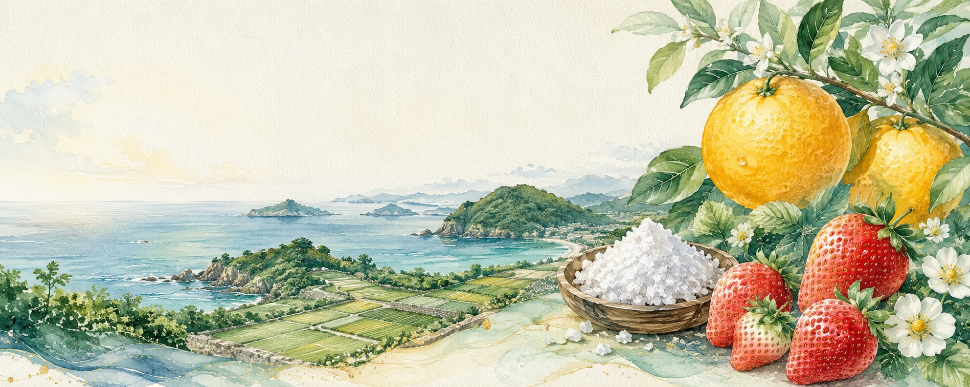 宗像の海と畑、甘夏、塩、あまおうを描いた水彩画