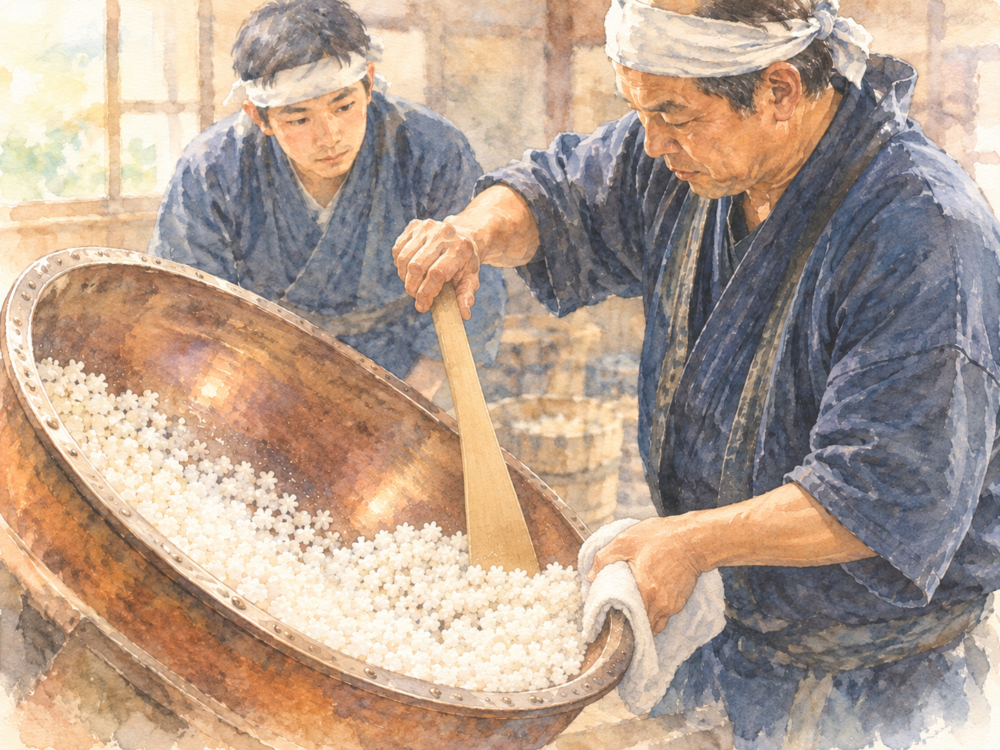 巨大な銅釜で金平糖の種を転がし育てる職人