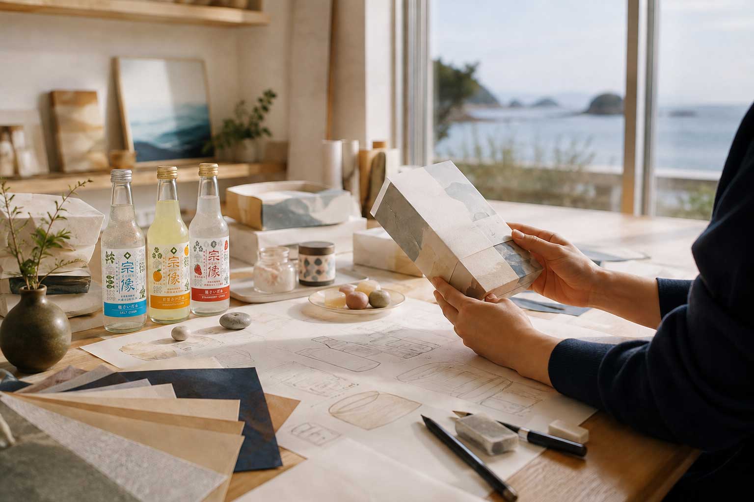 海を望むスタジオで地域商品のパッケージを検討する様子