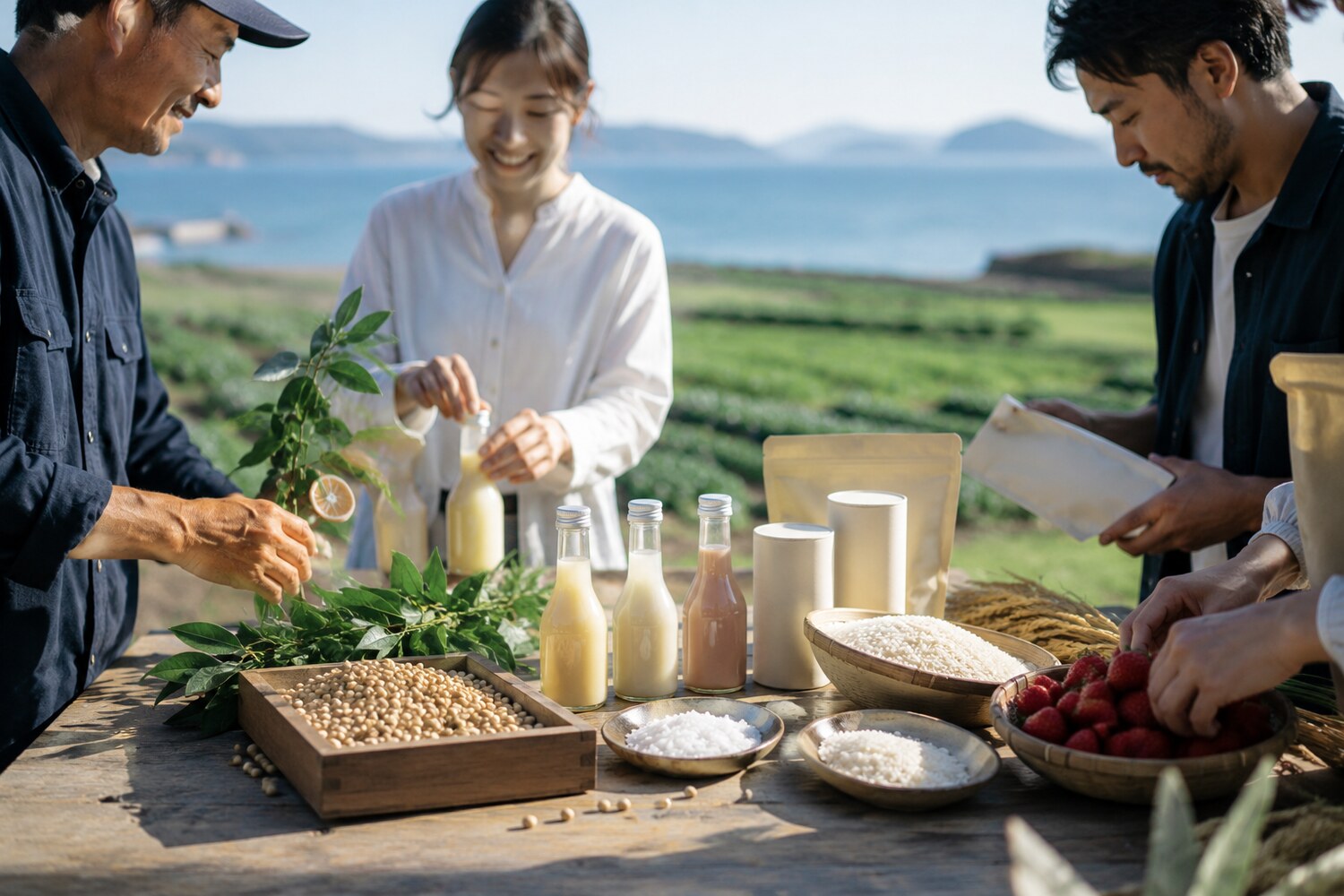 地域素材を囲む生産者と商品開発チーム